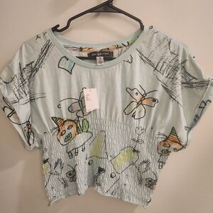 NWT Urban Outfitters Light Blue Cartoon Print Cropped Tee Size XL